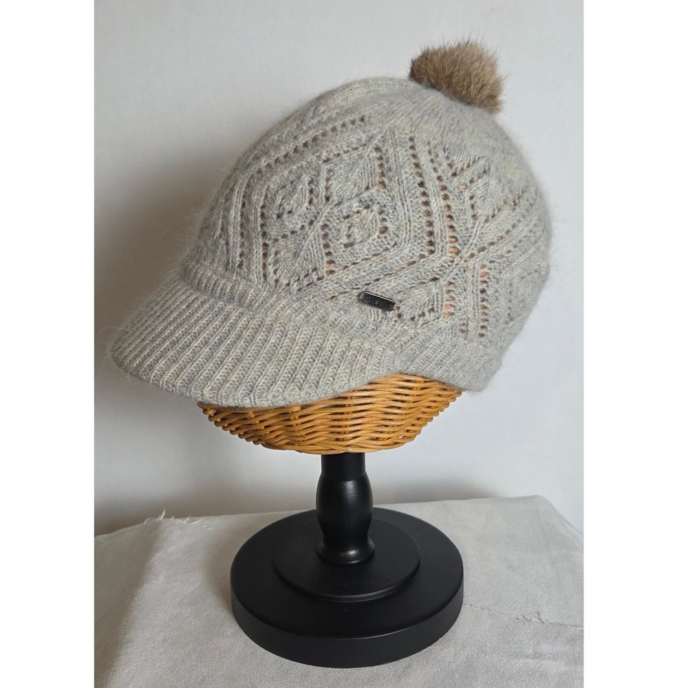Pistil Newsboy Hat Women OS Grey Angora Blend Fur Pom Pointelle Knit Cadet Cap